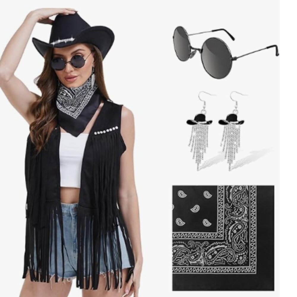 FunMular Womens Western Outfit Cowgirl L Tassels Fringe Vest Cowboy Hat Bandana